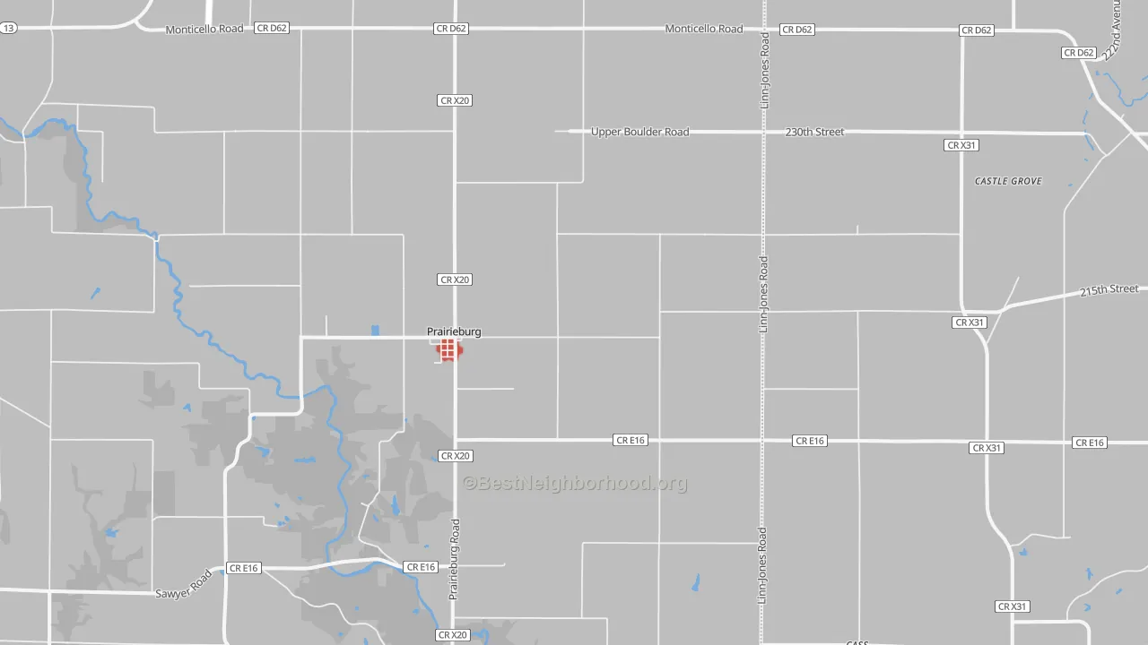 Walk Grade map of Prairieburg, IA, walkable areas in green and car-dependent areas in red