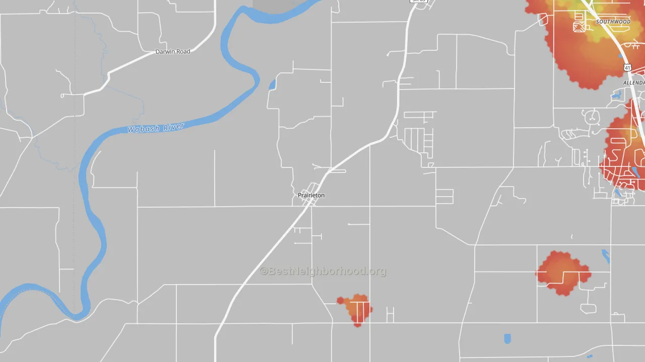 Walk Grade map of Prairieton, IN, walkable areas in green and car-dependent areas in red