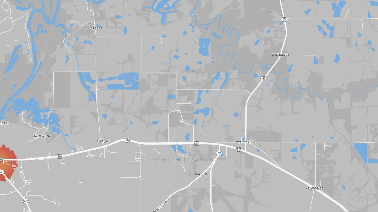 Walk Grade map of Prairieville, AL, walkable areas in green and car-dependent areas in red
