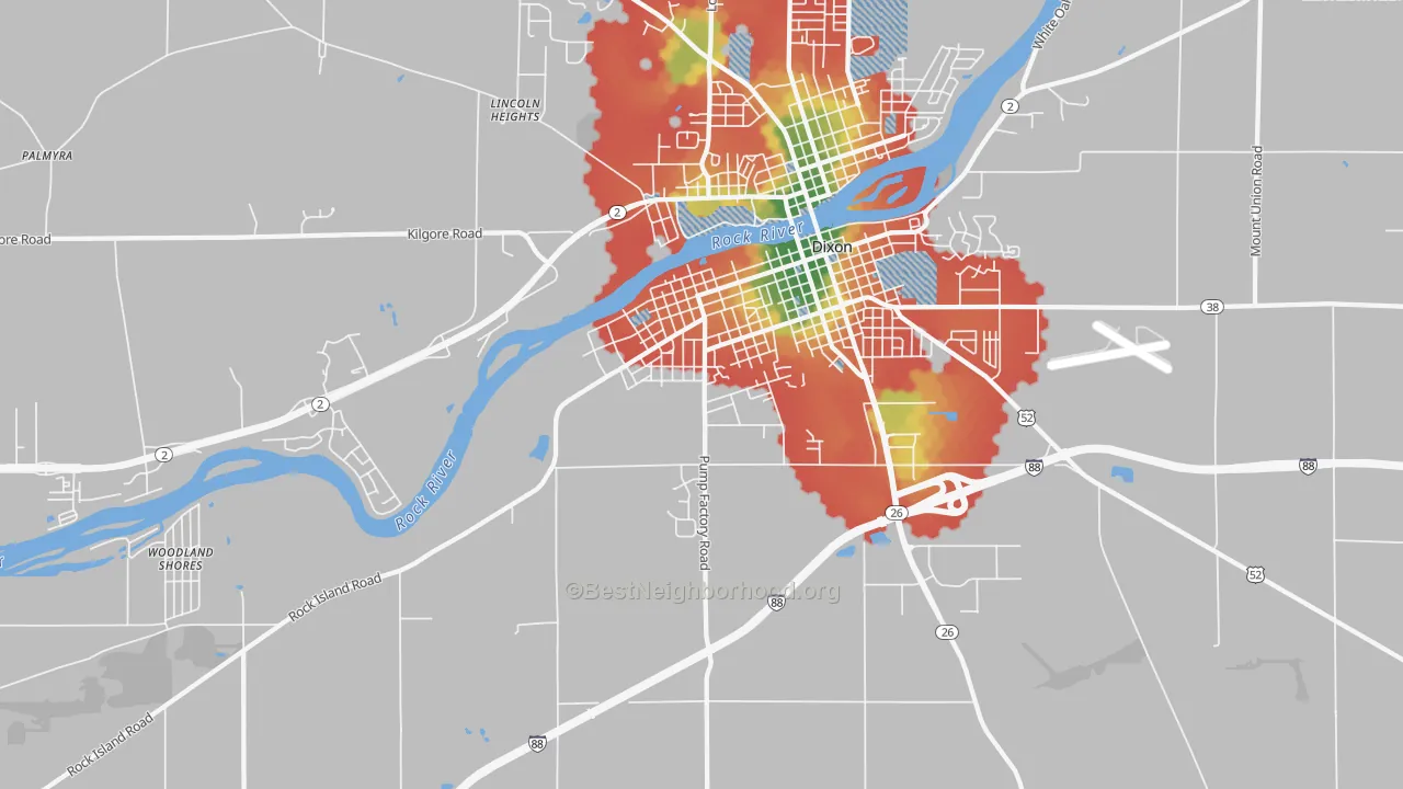 Walk Grade map of Prairieville, IL, walkable areas in green and car-dependent areas in red