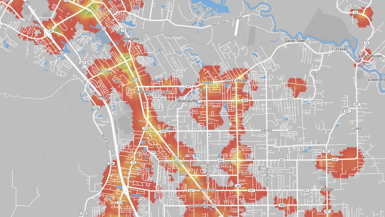 Walk Grade map of Prairieville, LA, walkable areas in green and car-dependent areas in red