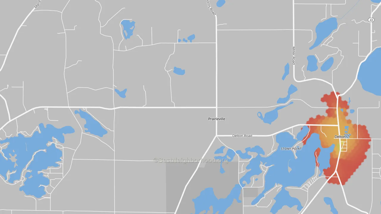 Walk Grade map of Prairieville, MI, walkable areas in green and car-dependent areas in red
