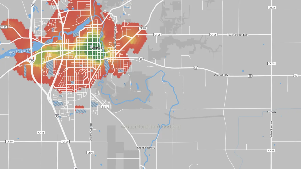 Walk Grade map of Prairieville, MN, walkable areas in green and car-dependent areas in red