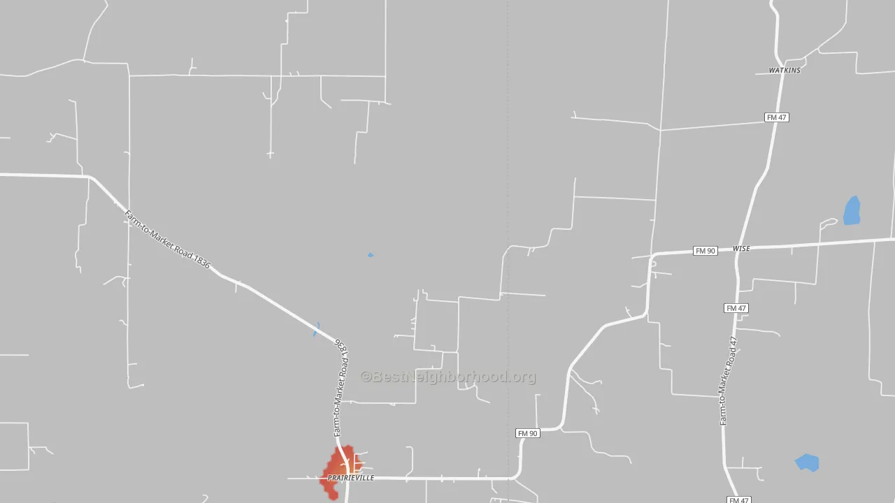 Walk Grade map of Prairieville, TX, walkable areas in green and car-dependent areas in red