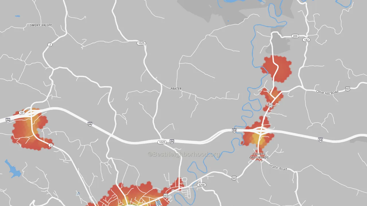 Walk Grade map of Prater, KY, walkable areas in green and car-dependent areas in red
