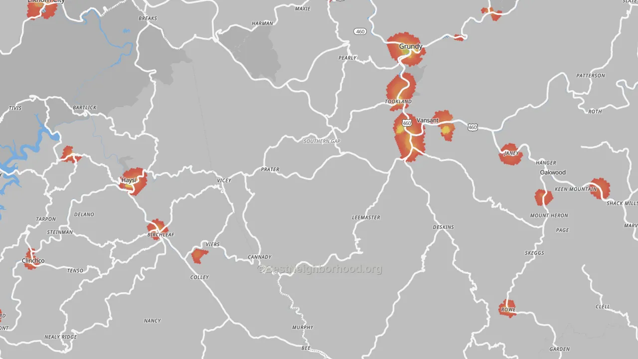 Walk Grade map of Prater, VA, walkable areas in green and car-dependent areas in red