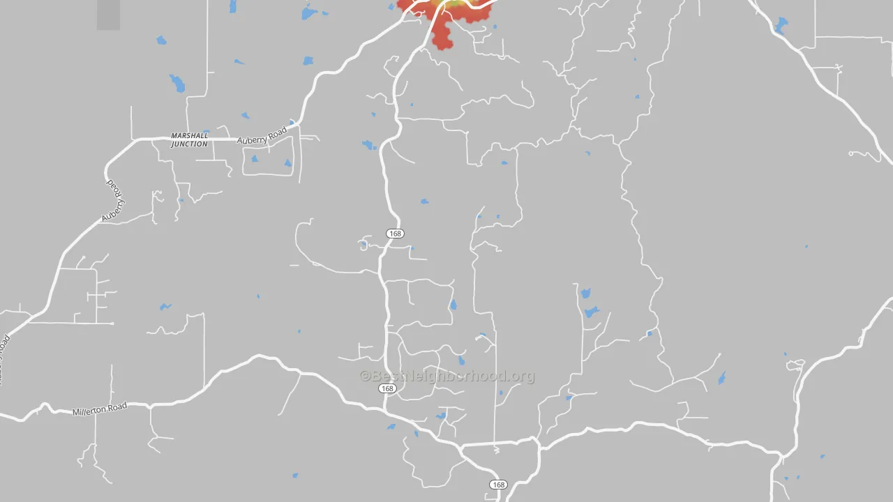 Walk Grade map of Prather, CA, walkable areas in green and car-dependent areas in red