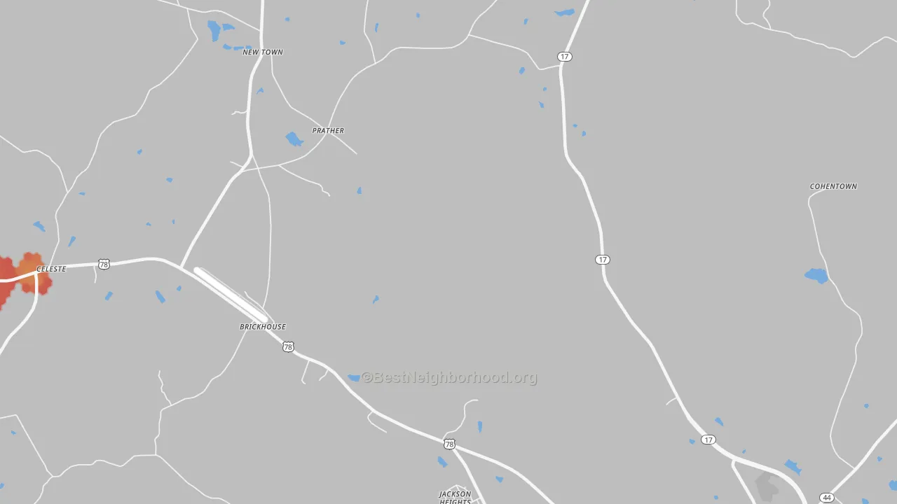 Walk Grade map of Prather, GA, walkable areas in green and car-dependent areas in red