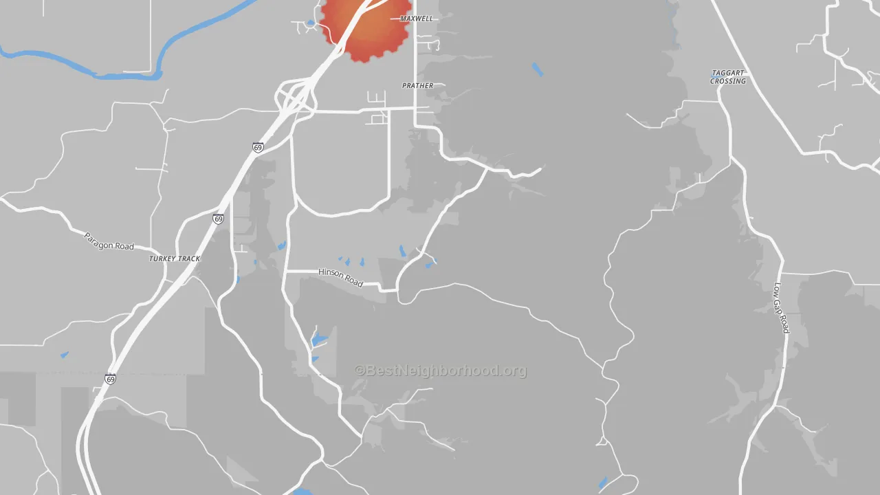 Walk Grade map of Prather, IN, walkable areas in green and car-dependent areas in red