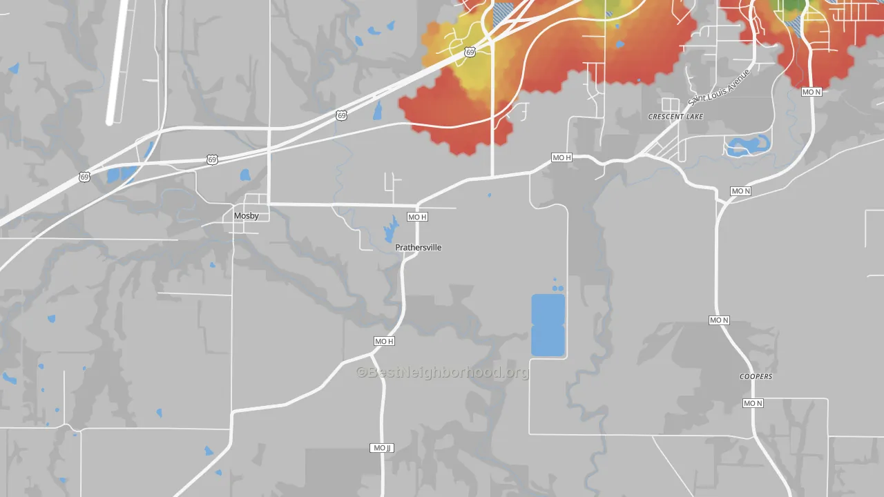 Walk Grade map of Prathersville, MO, walkable areas in green and car-dependent areas in red