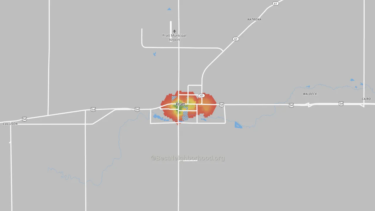 Walk Grade map of Pratt County, KS, walkable areas in green and car-dependent areas in red