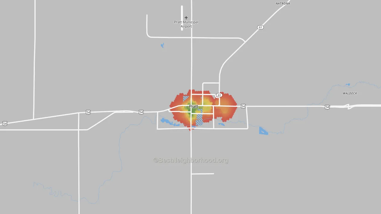 Walk Grade map of Pratt, KS, walkable areas in green and car-dependent areas in red