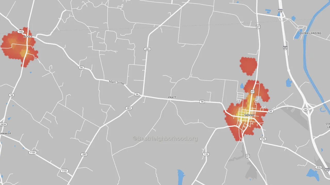 Walk Grade map of Pratt, KY, walkable areas in green and car-dependent areas in red