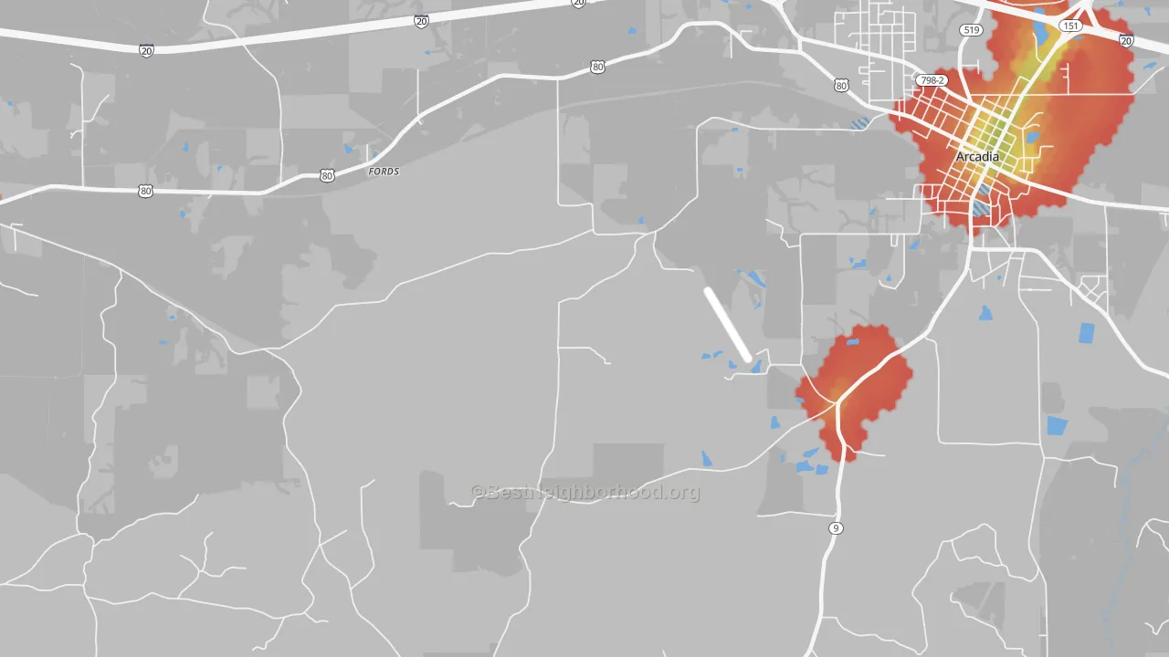 Walk Grade map of Pratt, LA, walkable areas in green and car-dependent areas in red