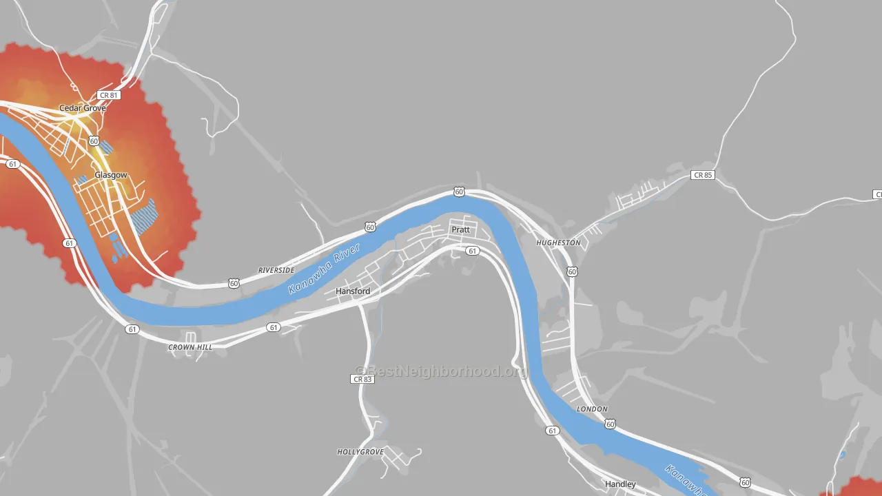 Walk Grade map of Pratt, WV, walkable areas in green and car-dependent areas in red