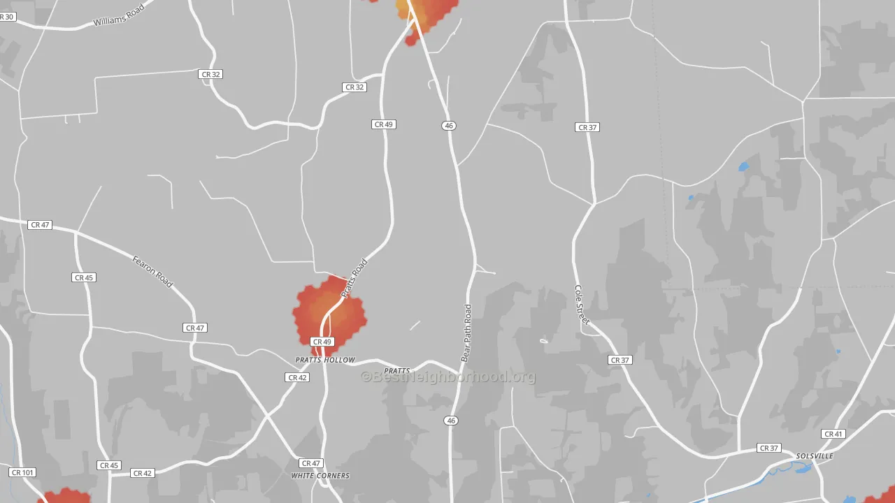 Walk Grade map of Pratts Hollow, NY, walkable areas in green and car-dependent areas in red