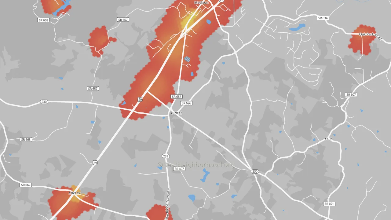 Walk Grade map of Pratts, VA, walkable areas in green and car-dependent areas in red