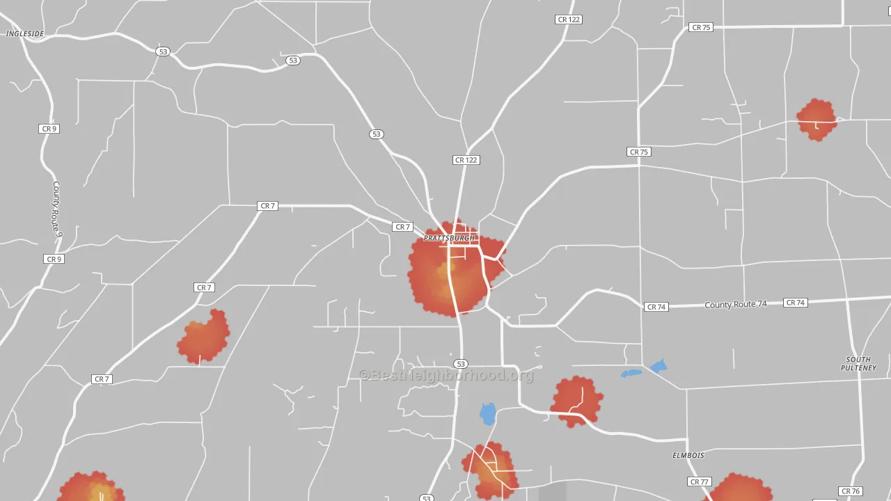 Walk Grade map of Prattsburgh, NY, walkable areas in green and car-dependent areas in red