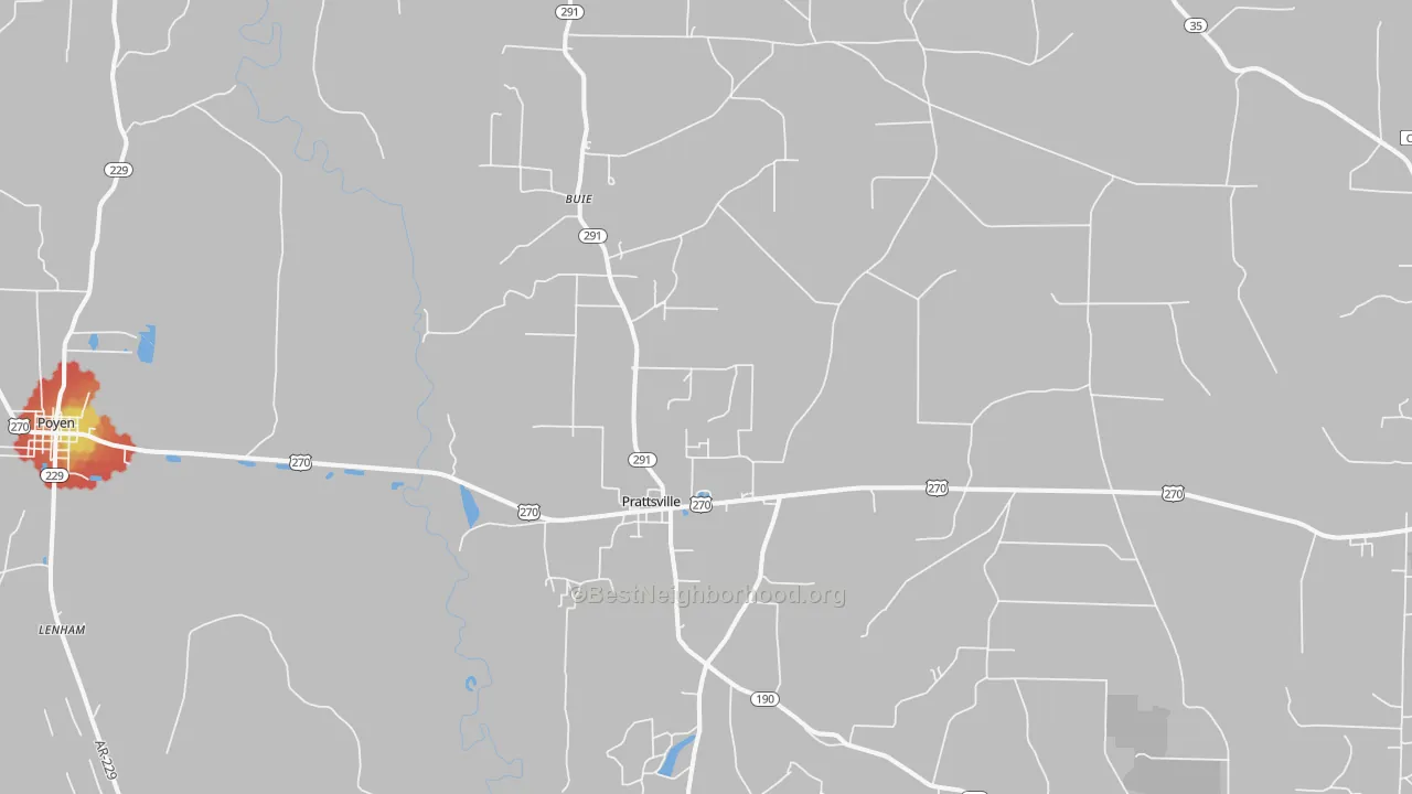 Walk Grade map of Prattsville, AR, walkable areas in green and car-dependent areas in red
