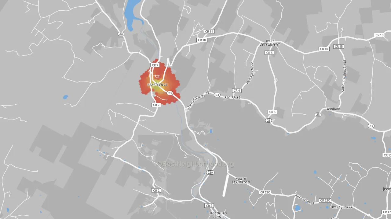 Walk Grade map of Prattsville, NY, walkable areas in green and car-dependent areas in red