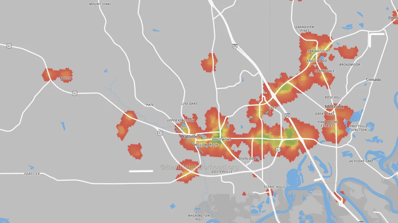 Walk Grade map of Prattville, AL, walkable areas in green and car-dependent areas in red