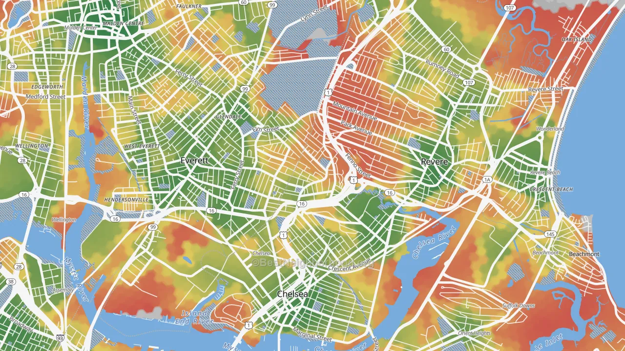 Walk Grade map of Prattville, Chelsea, MA, walkable areas in green and car-dependent areas in red
