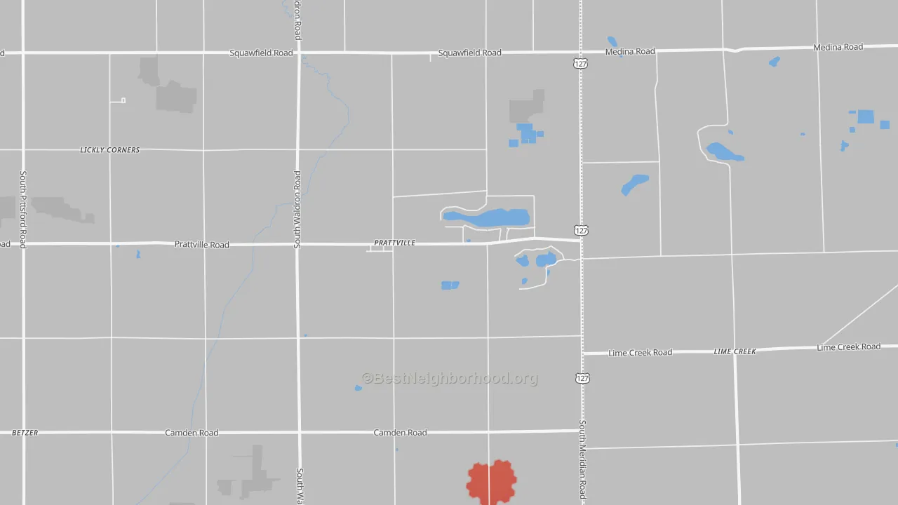 Walk Grade map of Prattville, MI, walkable areas in green and car-dependent areas in red