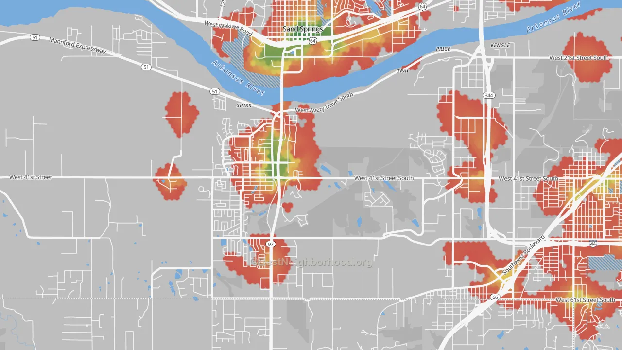 Walk Grade map of Prattville, OK, walkable areas in green and car-dependent areas in red