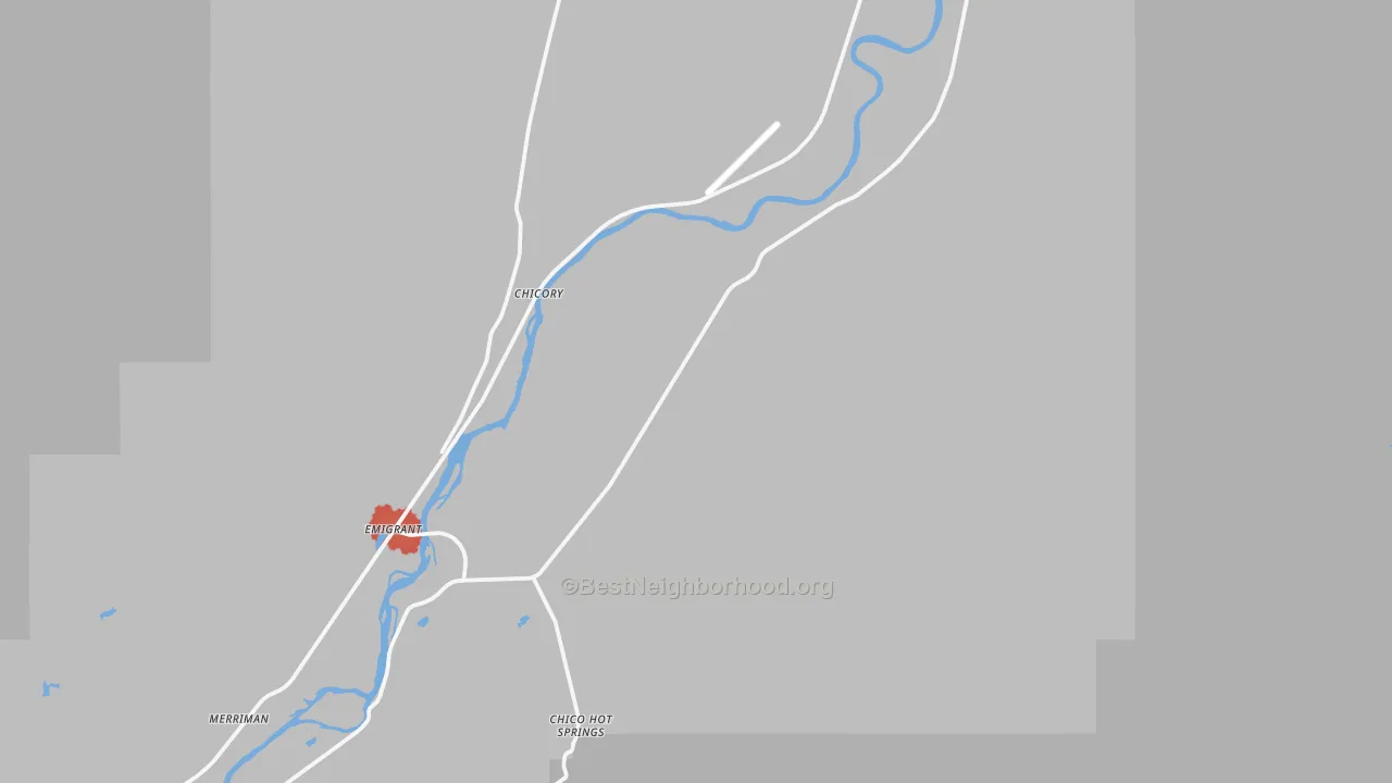 Walk Grade map of Pray, MT, walkable areas in green and car-dependent areas in red