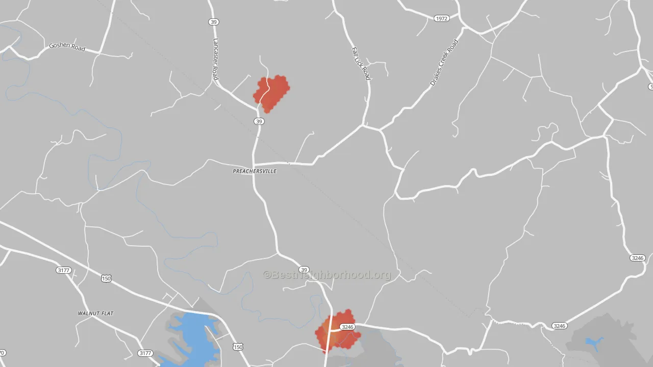 Walk Grade map of Preachersville, KY, walkable areas in green and car-dependent areas in red