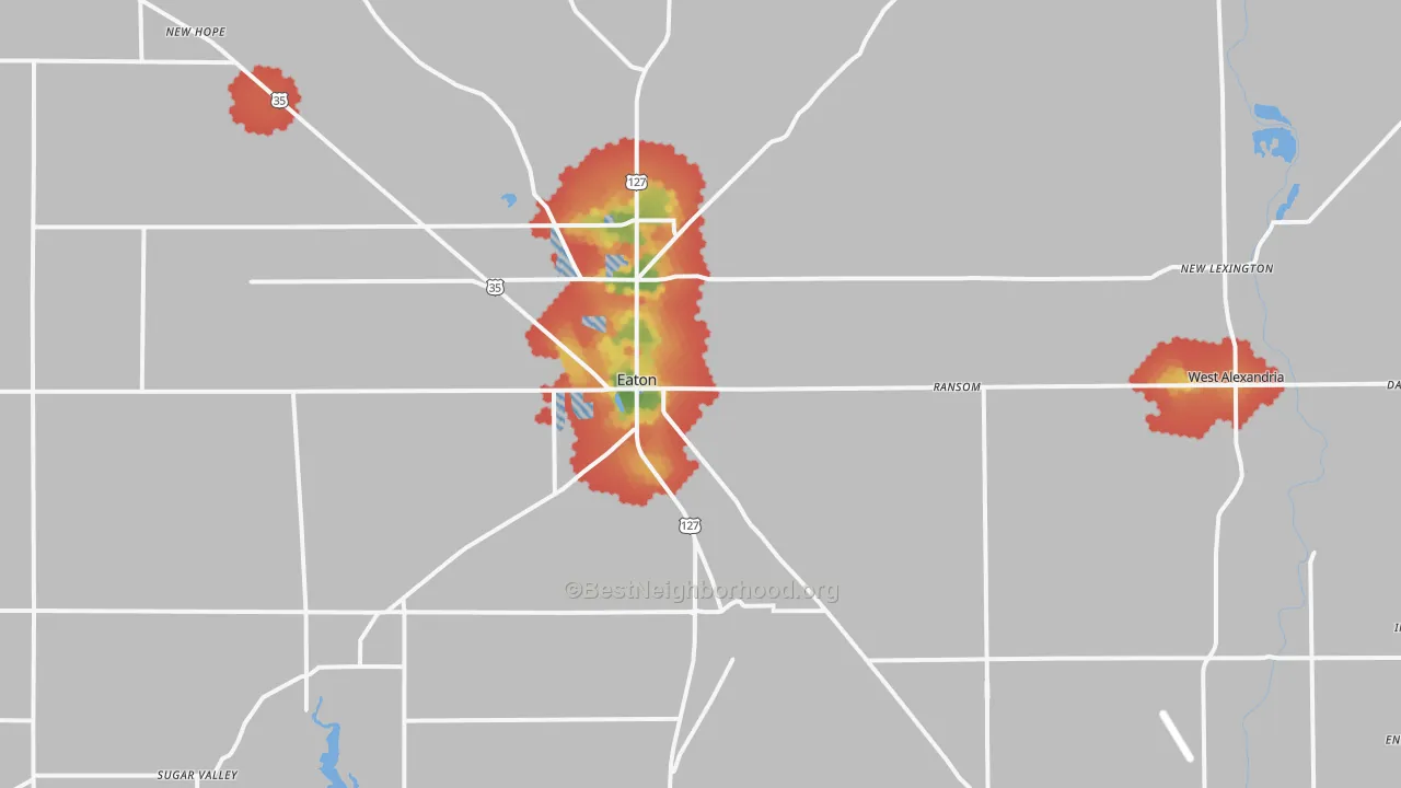 Walk Grade map of Preble County, OH, walkable areas in green and car-dependent areas in red