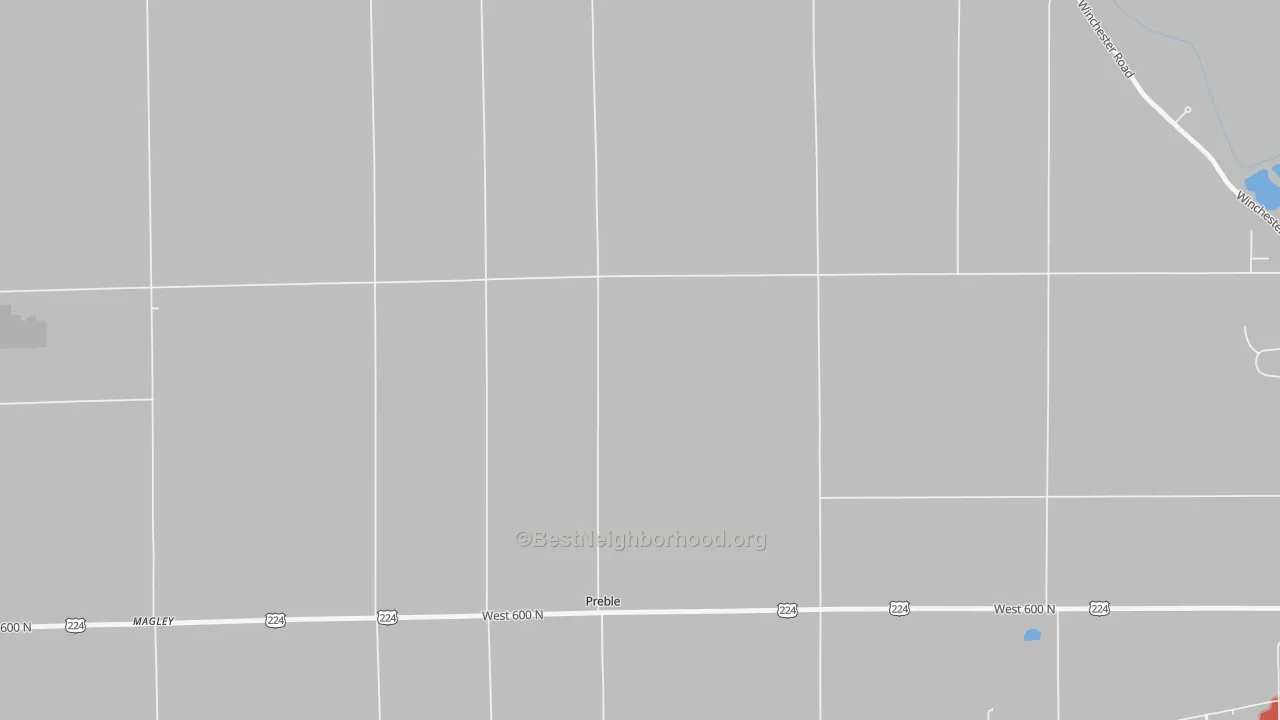 Walk Grade map of Preble, IN, walkable areas in green and car-dependent areas in red