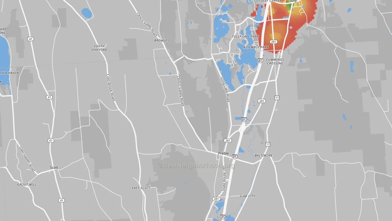 Walk Grade map of Preble, NY, walkable areas in green and car-dependent areas in red