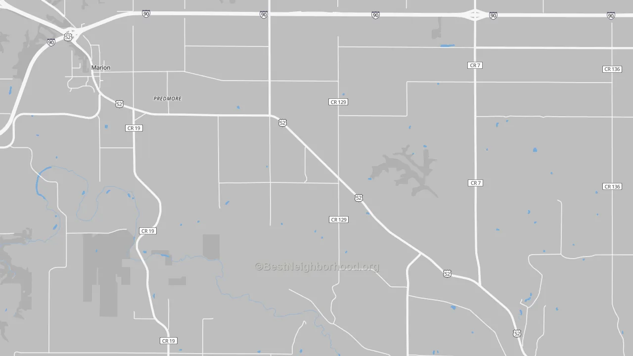 Walk Grade map of Predmore, MN, walkable areas in green and car-dependent areas in red