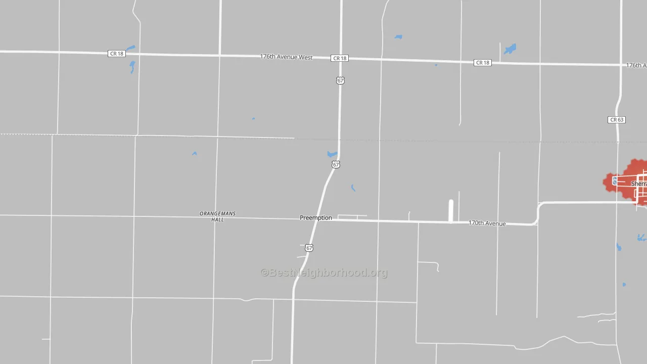 Walk Grade map of Preemption, IL, walkable areas in green and car-dependent areas in red