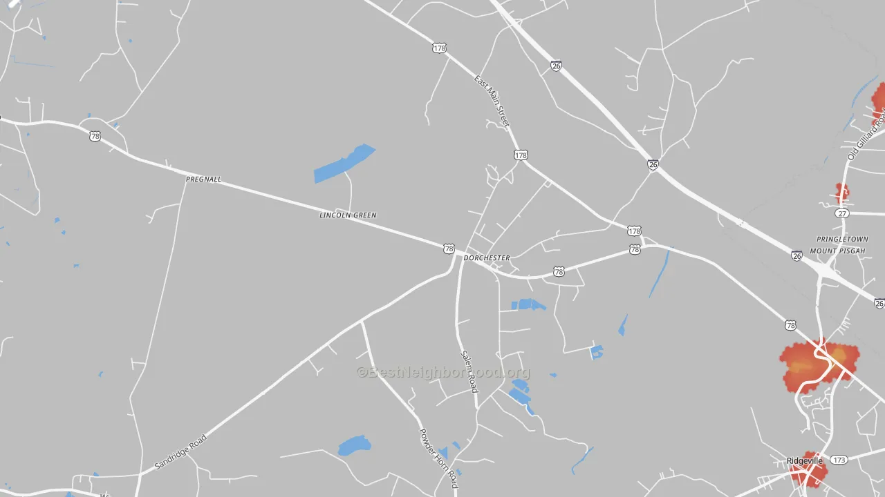 Walk Grade map of Pregnall, SC, walkable areas in green and car-dependent areas in red