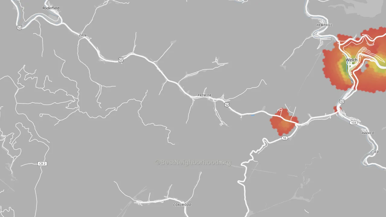 Walk Grade map of Premier, WV, walkable areas in green and car-dependent areas in red