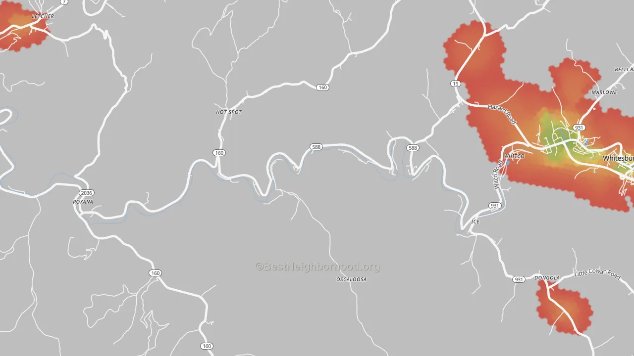 Walk Grade map of Premium, KY, walkable areas in green and car-dependent areas in red