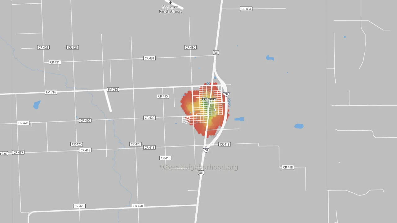 Walk Grade map of Premont, TX, walkable areas in green and car-dependent areas in red