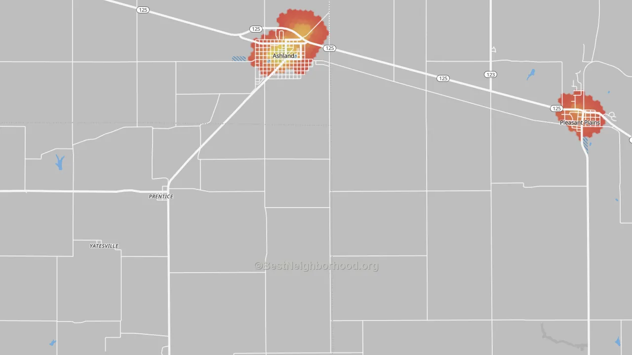 Walk Grade map of Prentice, IL, walkable areas in green and car-dependent areas in red