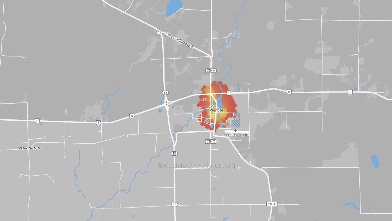 Walk Grade map of Prentice, WI, walkable areas in green and car-dependent areas in red