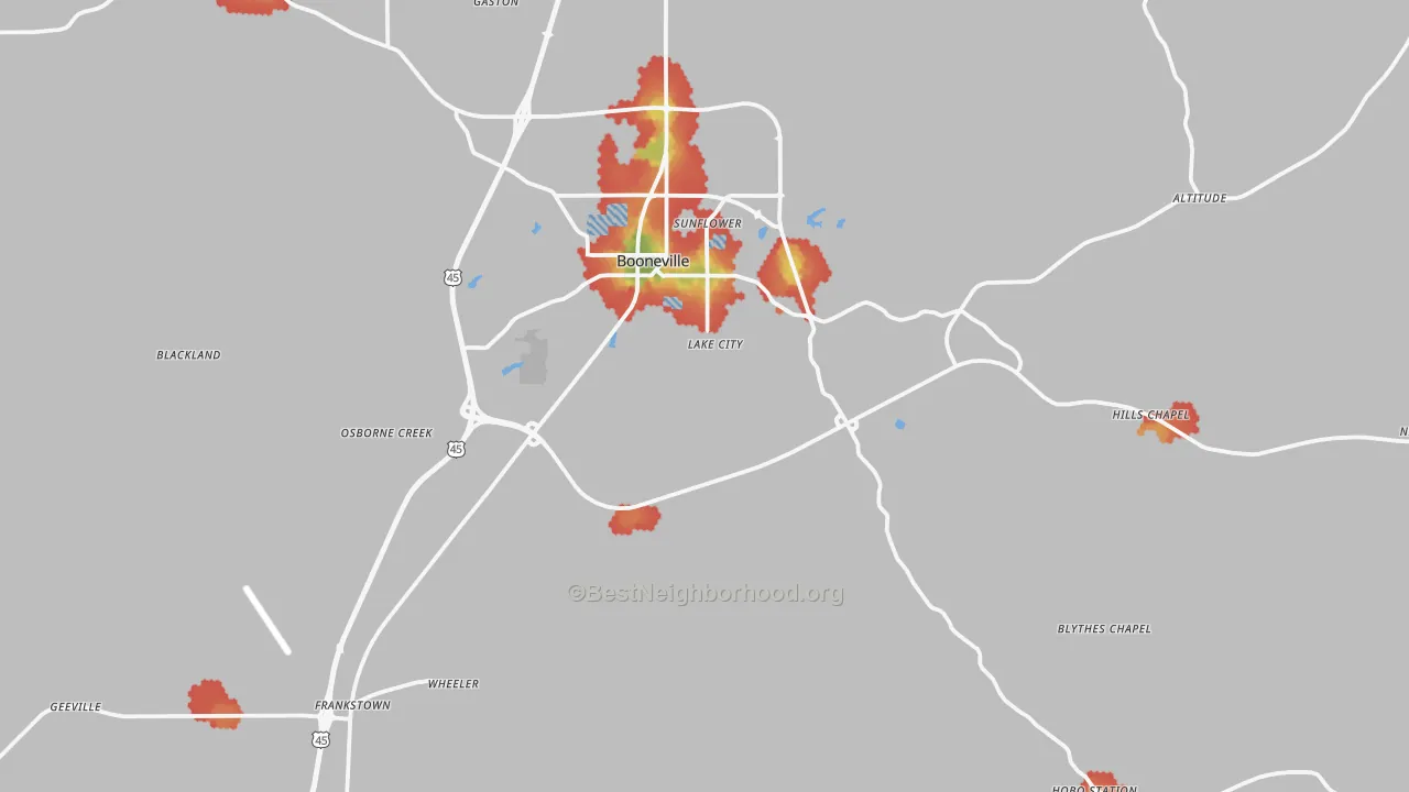 Walk Grade map of Prentiss County, MS, walkable areas in green and car-dependent areas in red