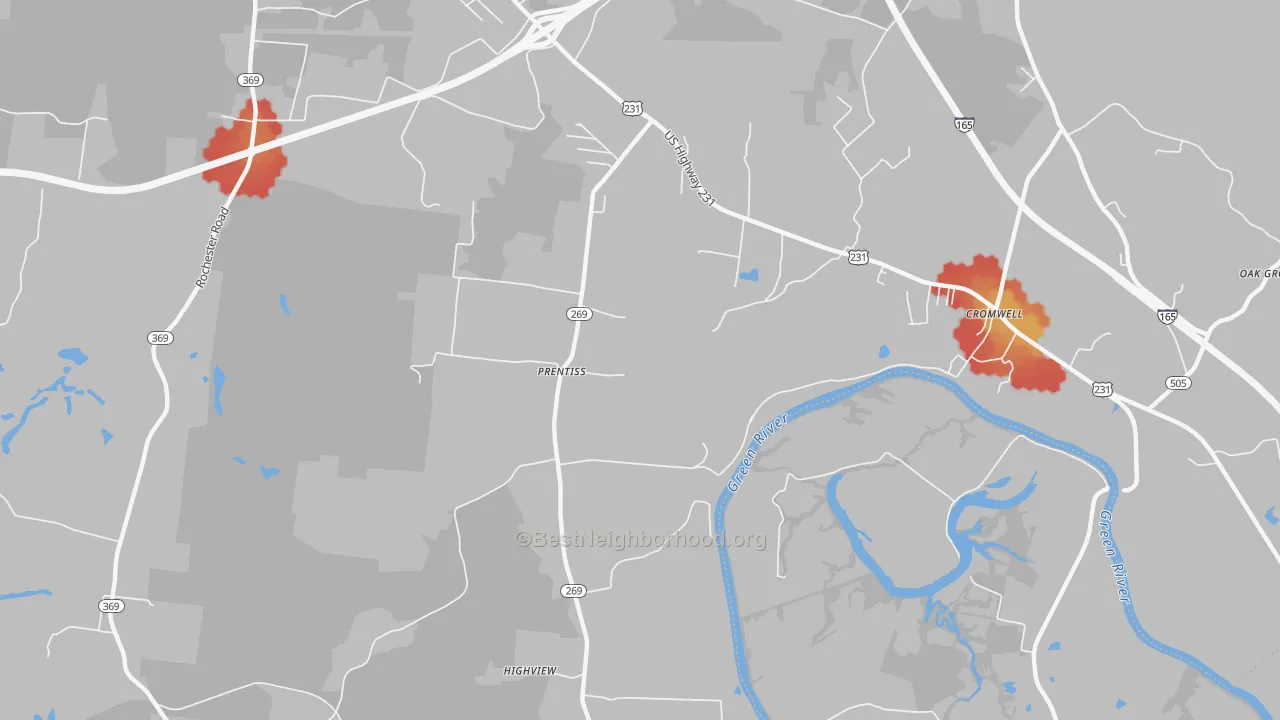 Walk Grade map of Prentiss, KY, walkable areas in green and car-dependent areas in red