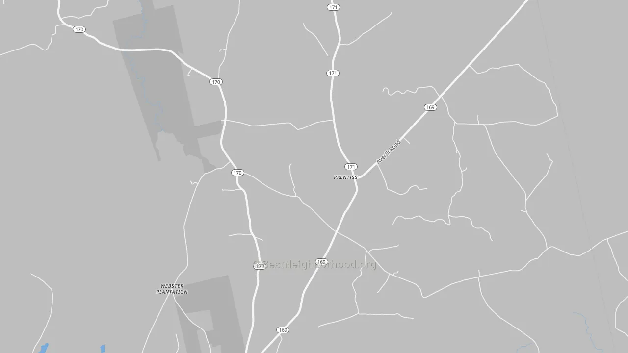 Walk Grade map of Prentiss, ME, walkable areas in green and car-dependent areas in red