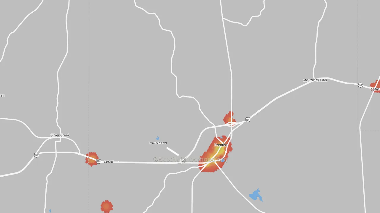 Walk Grade map of Prentiss, MS, walkable areas in green and car-dependent areas in red