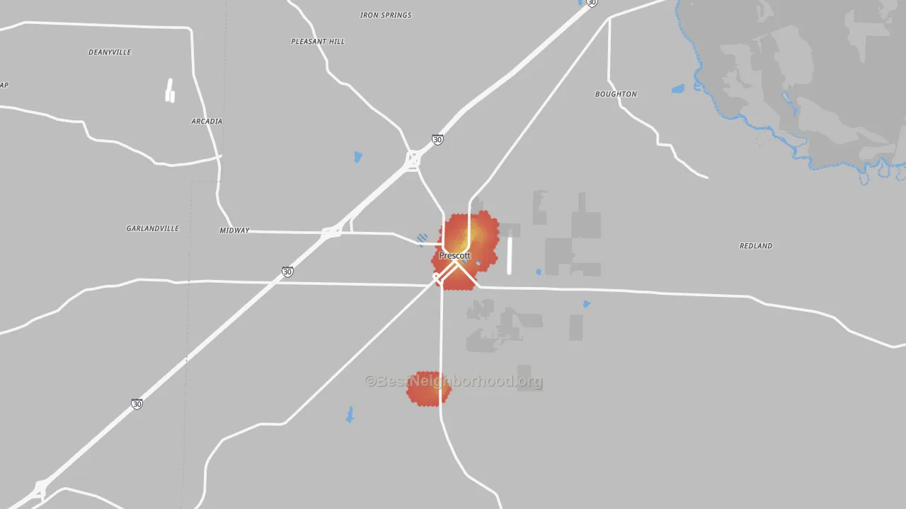 Walk Grade map of Prescott, AR, walkable areas in green and car-dependent areas in red