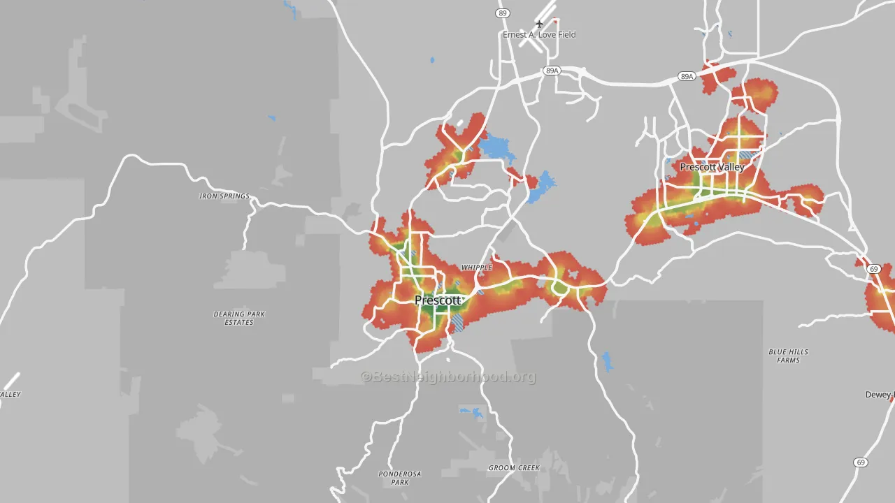 Walk Grade map of Prescott, AZ, walkable areas in green and car-dependent areas in red