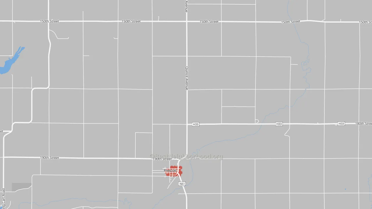 Walk Grade map of Prescott, IA, walkable areas in green and car-dependent areas in red