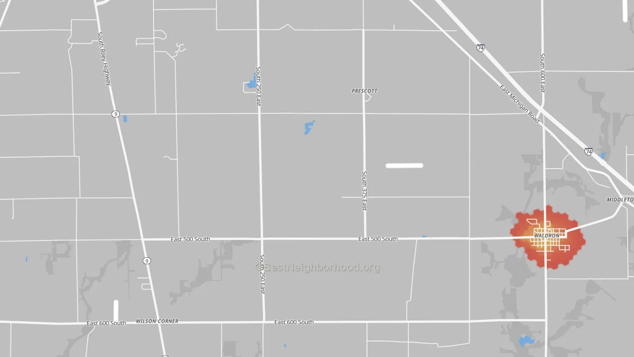 Walk Grade map of Prescott, IN, walkable areas in green and car-dependent areas in red