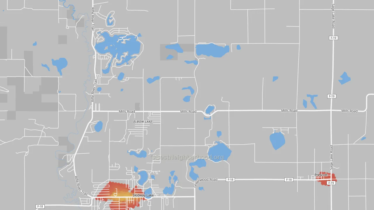 Walk Grade map of Prescott, MI, walkable areas in green and car-dependent areas in red